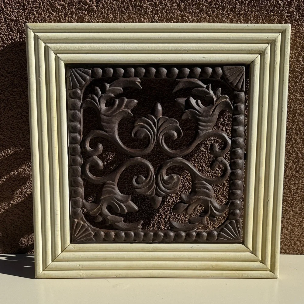 Vintage Wrought Iron Wall Art 14x14 Brown Scroll Cream Wood Tuscan Traditional